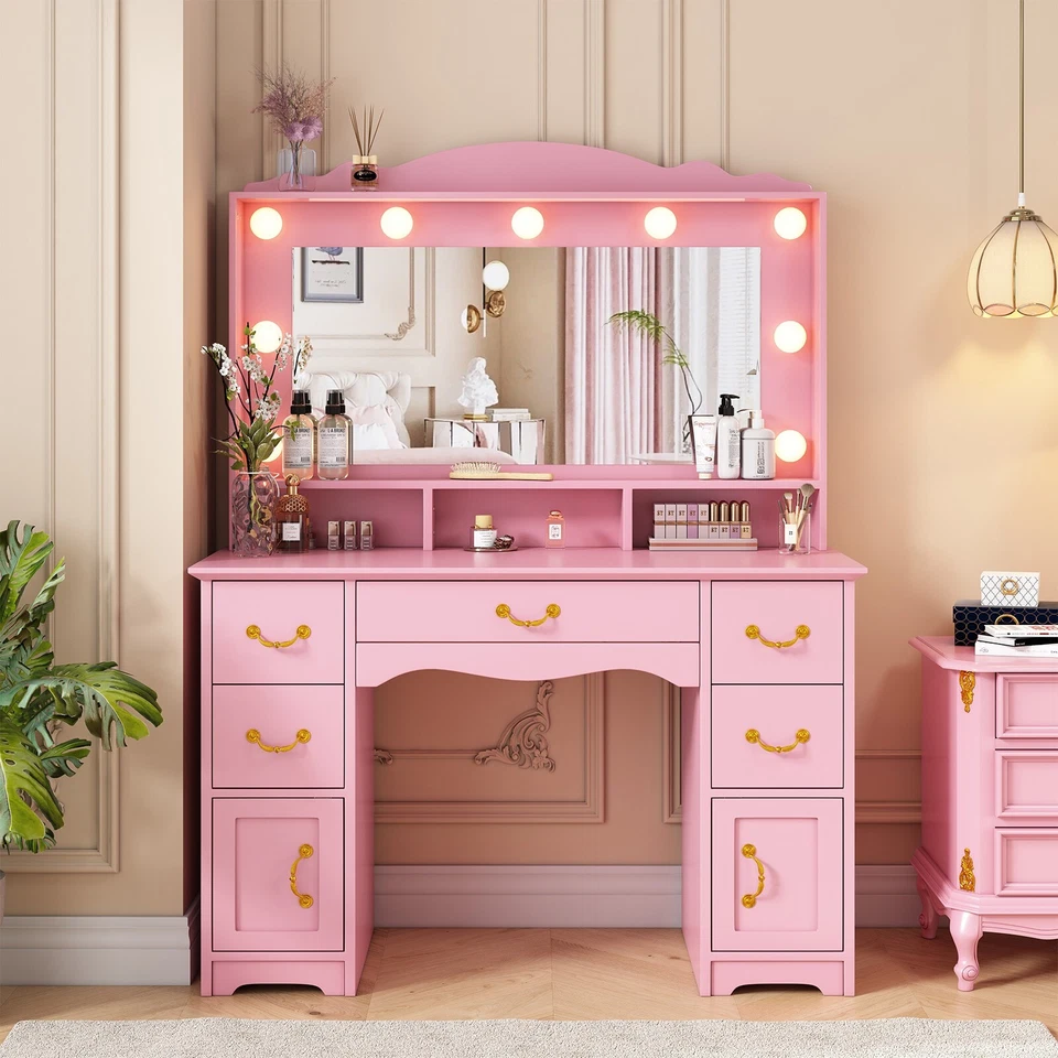 Large Vintage Makeup Vanity Desk With Lighted Mirror,5 Drawers,Charging Station - Image 1 of 1