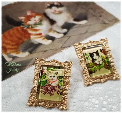 Niedliche Katzen Ohrringe im Gold Rahmen CatBalouJewelry - Bild 1 von 4