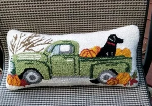 MUDPIE WOOL HOOKED AUTUMN PILLOW BLACK LAB, GREEN PICKUP PUMPKINS 18" x 8", EUC - Picture 1 of 6