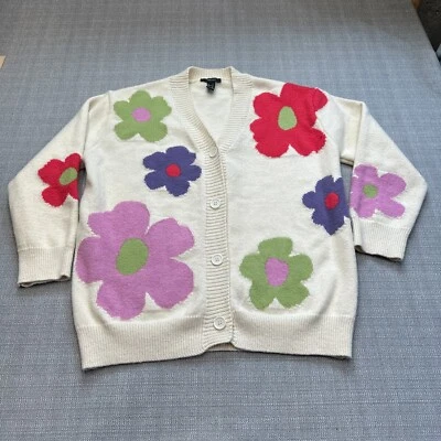 Whimsy Floral Print Cardigan Sweater Forever 21 Medium Bold Retro Flower Power - Image 1 of 4
