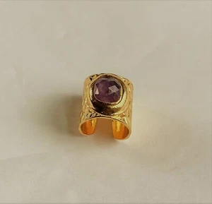 18k Gold Plated Hammered Wide Band Single Amethyst Natural Stone Adjustable Ring - Picture 1 of 8