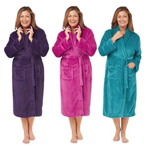 Ladies Embossed Fleece Shawl Collar Dressing Gown Womens Robe - Picture 1 of 4