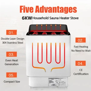 6KW Sauna Heater For Bath Shower SPA 220 240V Electric Dry Stainless Steel Stove - Picture 1 of 14