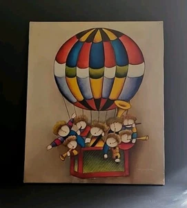 Vtg JOYCE J. ROYBAL SIGNED PAINTING OIL ON STETCHED CANVAS 24x20 Hot Air Balloon - Picture 1 of 12