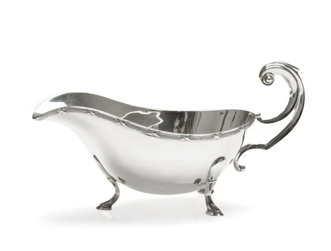 Viners Solid Silver Georgian Design Sauce Boat with Scroll Handle - Sheffield Cover