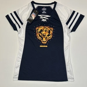 Chicago Bears Damen Small NFL V-Ausschnitt Schnürung Metallic Pailletten Grafik Neu mit Etikett - Bild 1 von 12