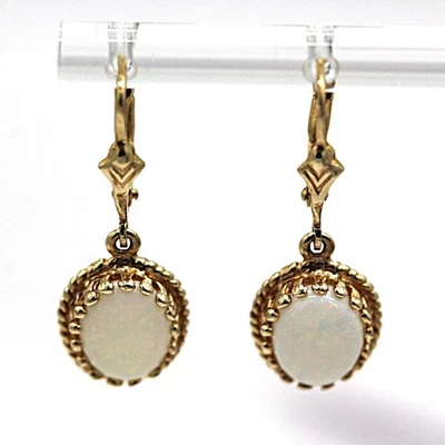 14K Yellow Gold Natural Oval Opal Dangle Drop Earrings - Image 1 of 4