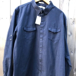 NUEVA Camisa Utilitaria Calvin Klein Peso Pesado Piedra Algodón Cepillado Azul Rayas XL - Imagen 1 de 8