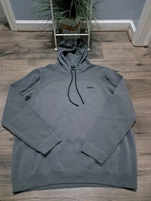 NUEVO SIN ETIQUETAS Hugo Boss Hombres Gris Sólido Auténtico Logo Pullover Sudadera con Capucha Pesada  Foto 1 de 4