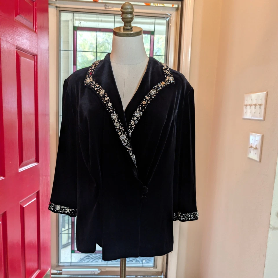 Alex Evenings Special Occasion Embellished Velvet Wrap Jacket Plus Size 1X Black - Image 1 of 4