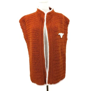 Handmade Crochet Orange Longhorn Vest Sleeveless Cardigan UT Texas inspired fan - Picture 1 of 8