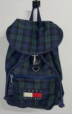 Mochila a Cuadros Tommy Hilfiger Años 90 De Colección Verde Marino Bandera Grande Logo Spellout Corea Foto 1 de 4