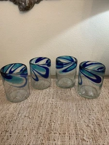 4 Hand Blown Mexican Tumblers Cups Green Blue Swirl Bubble Artisan Glasses 4.25” - Picture 1 of 7