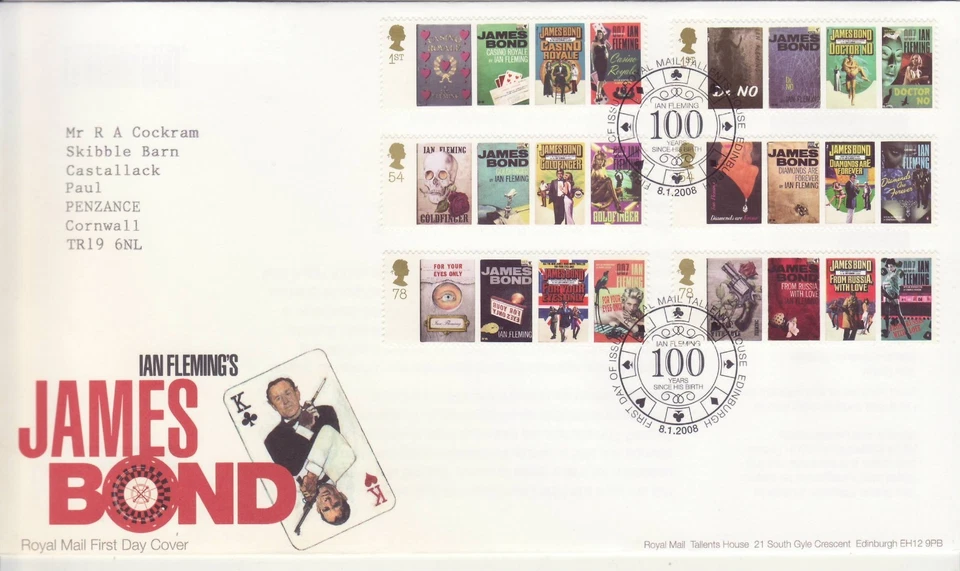 GB Stamps First Day Cover Ian Fleming James Bond 007, spy book, TV film SHS 2008 - Image 1 of 1
