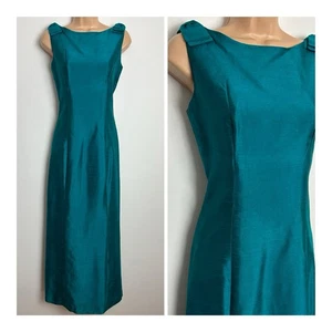 Vintage 1960s Teal Silk Bow Shoulder Detail Occasion Evening Maxi Dress Size 8 - Picture 1 of 7