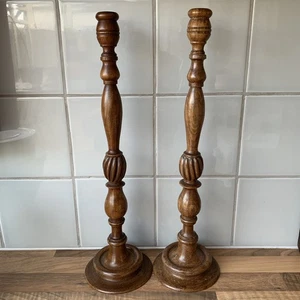 Pair Vintage Turned Wooden Tall Candle Sticks Holders - Picture 1 of 7
