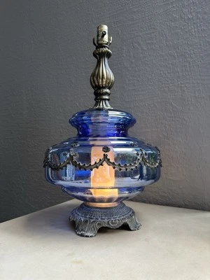 Mid Century Modern MCM Hollywood Regency Blue Iridescent Falkenstein Table Lamp - Image 1 of 4