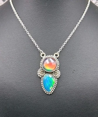 Ожерелье из чистого серебра с опалом аврора от 18 до 20 дюймов богемное индейский юго-западный стиль - Изображение 1 из 4