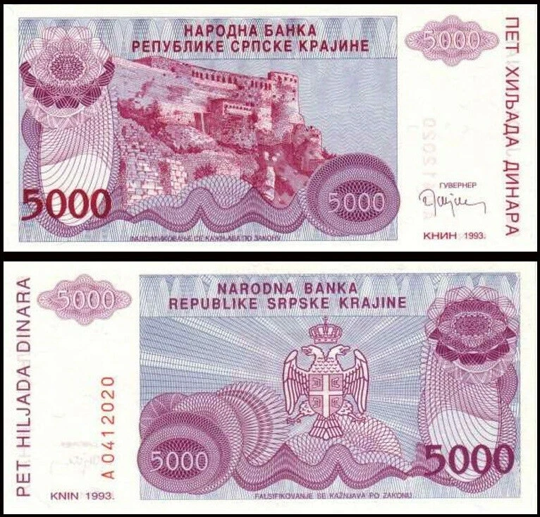 CROACIA 5.000 DINARA 1993. XF PREFIJO A, FORTALEZA KNIN EN COLINA EN CENTRO IZQUIERDO DERECHO Foto 1 de 1