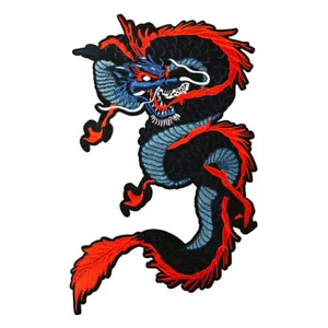 Traditional Oriental Dragon Red & Blue Embroidered Large Iron On Patch Applique - Picture 1 of 3