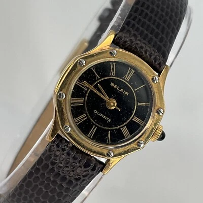 Vintage BELAIR Womens Watch Gold Tone Black Dial Lizard Leather Band NEW BATTERY - Image 1 of 4