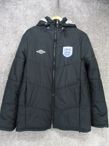 Umbro England Team Puffer Coat Jacket Mens M Black Hooded Vintage Soccer Cover