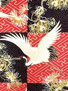 Grúas de tela japonesas pájaros art deco negro rojo oro garza cigüeña asiática china - Imagen 1 de 5