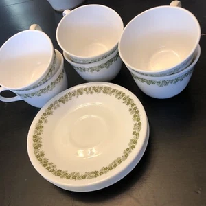 Vintage Pyrex Corelle Cups & Saucers Green Crazy Daisy Spring Blossom Set of 6 - Picture 1 of 6