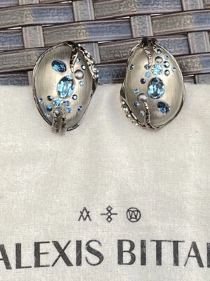 100% Authentic Alexis Bittar Gray Lucite, Blue Multi Crystal Clip On Earrings - Image 1 of 4