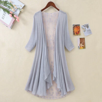 Lady Linen Cardigan Coats Mid-length Asymmetrical 3/4 Sleeve Casual Outdoor Slim - Image 1 of 4