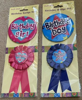 Birthday Boy Girl Badge Set Rosette Childrens Party Badges With Ribbon Pink Blue