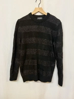 EXPRESS Striped Crew Neck Sweater Black/Gray Mens Medium Thick Dark Winter Soft - Image 1 of 4