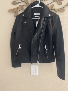 MNG Mango Sheep Leather Moto Jacket Women M BlackZip Biker Cropped Coat - Picture 1 of 2