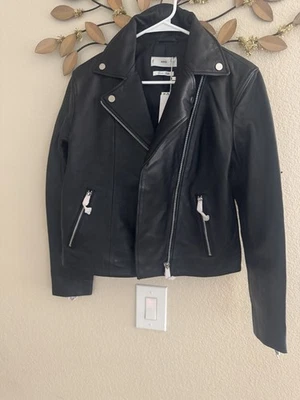 Chaqueta de motociclista MNG de cuero de oveja mango para mujer M negra con cremallera Foto 1 de 2