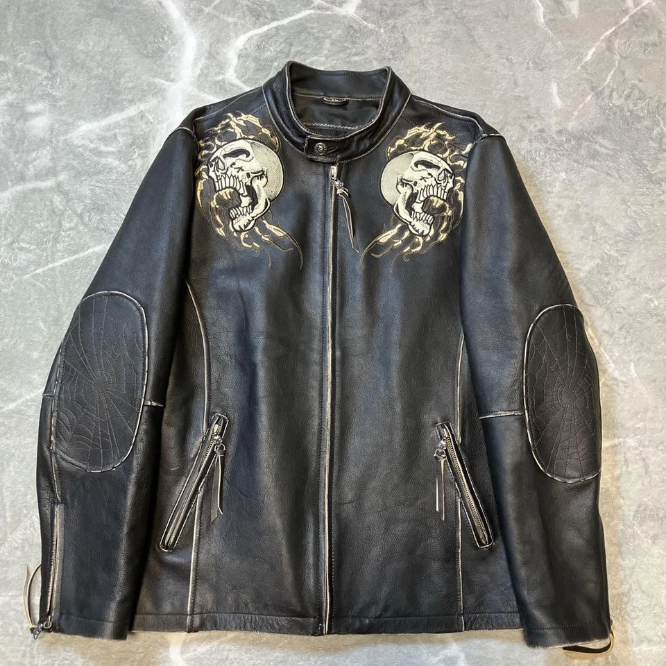 AFFLICTION Single Riders Jacket Leather Black Skull XL Embroidered From Japan - Image 1 of 4
