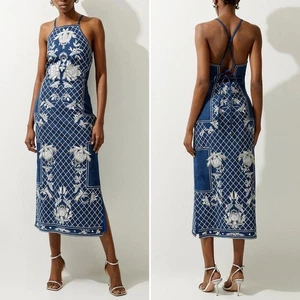 Karen Millen Beaded Embellished Denim Woven Halter Midi Dress Sz 8 NWT - Picture 1 of 14