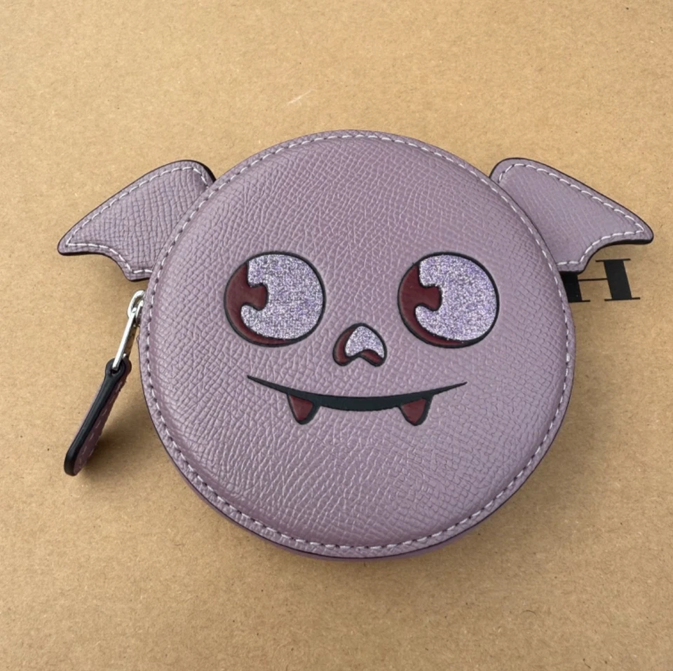 Coach CW465 Bat Halloween Crossgrain Leather Coin Case Silver/Jasmine