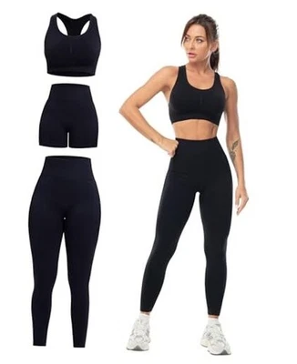 3 Piece Workout Sets for Women Butt Lifting Leggings with High Medium Black - Image 1 of 4