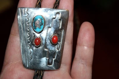 Gravata bolo rara artista navajo Barbara Hemstreet coral esterlina turquesa - Imagem 1 de 4