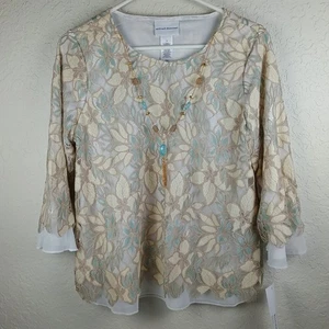 Neu mit Etikett Alfred Dunner Damen-Top mit Blumenmuster Spitze gewebter Besatz und Halskette Größe S 64,50 $ - Bild 1 von 9