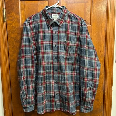 LL Bean Scotch Plaid Flannel Shirt Men’s Large Grey Red Green Slightly Fitted - Image 1 of 4