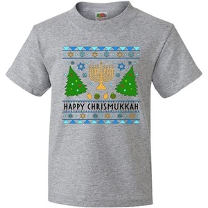 Inktastic Happy Chrismukkah Sweater Style With Menorah And Trees Youth T-Shirt - Picture 1 of 8