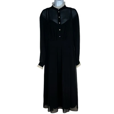 Anne Klein Vintage Chiffon Dress 8 Black Ruffle Hem High Neck Cottagecore Gothic - Imagem 1 de 4