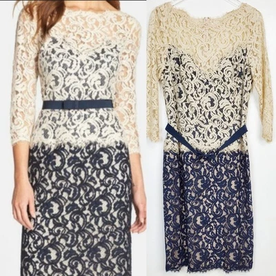 Tadashi Shoji size 12 lace sheath dress belted blue stretch party cocktail city - Image 1 of 4