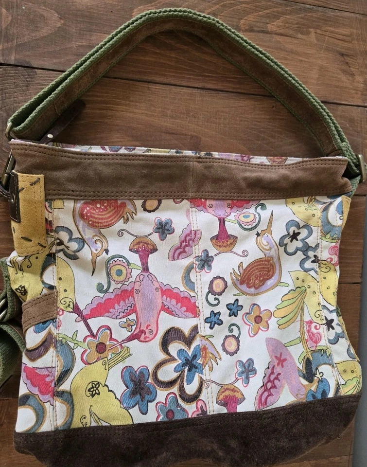 Lucky Brand Bucket Shoulder Bag Crossbody Canvas Suede Hummingbird Festival Boho - Image 1 of 4