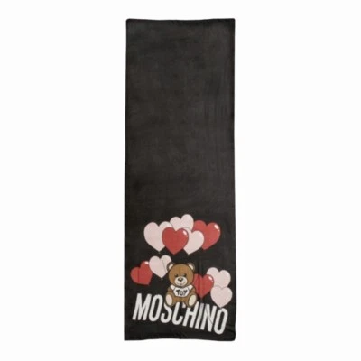 Moschino Mujer Bufanda Mantón Negro Rojo Oso de Peluche Corazón Logo Seda 180x70 Nuevo Foto 1 de 4