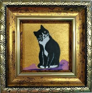 Black white cat Painting Сat portrait 2x2 Framed original art tuxedo cat art - Picture 1 of 10
