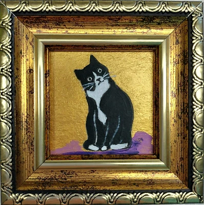 Black white cat Painting Сat portrait 2x2 Framed original art tuxedo cat art - Image 1 of 4