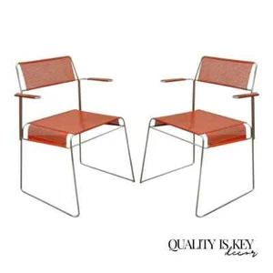 Vintage Tomado Mid Century Modern Stacking Chrome Metal Mesh Red Chairs B - Pair - Picture 1 of 12