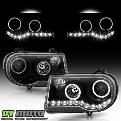 Black 2005-2010 Chrysler 300C LED Halo Projector Headlights Headlamps Left+Right - Image 1 of 4